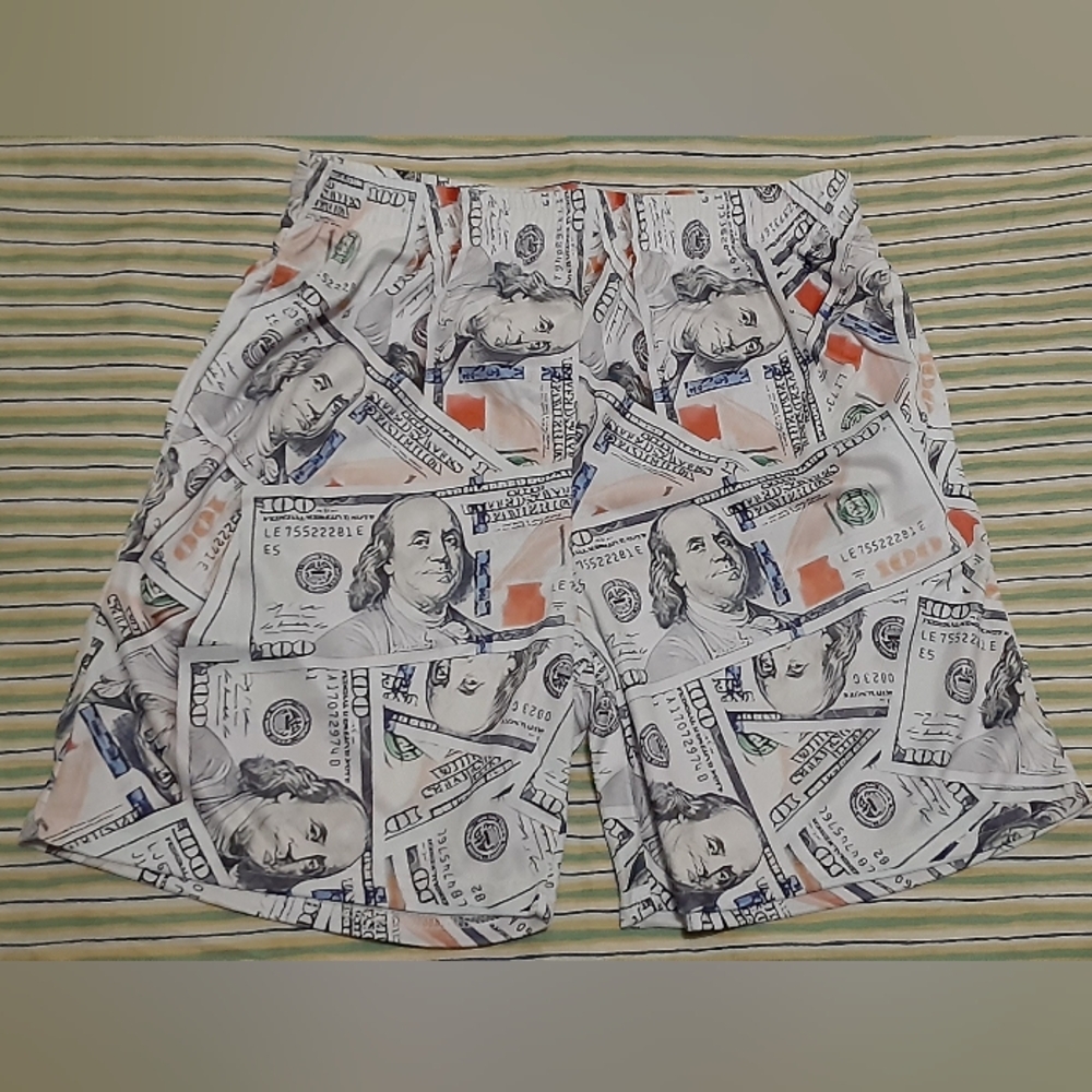 Graphics, $100 bill, Ben Franklin,, Men Large mesh shorts, unbranded, new
